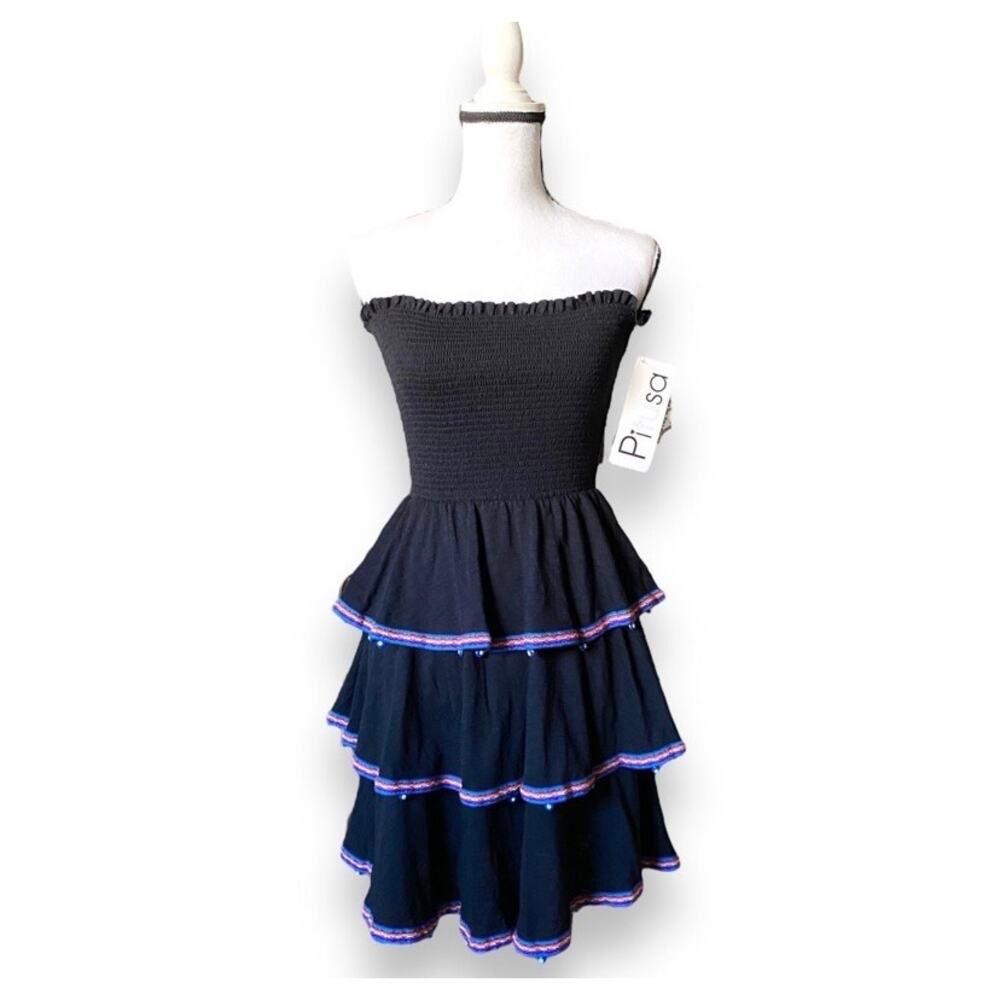 Pitusa Strapless Tiered Ruffle Smocked Mini Dress Sz S/M Black Evil Eye Charms